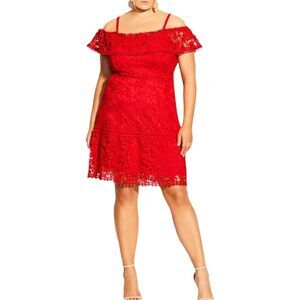 City Chic Dream Of Lace Scarlet Off Shoulder Dress 14